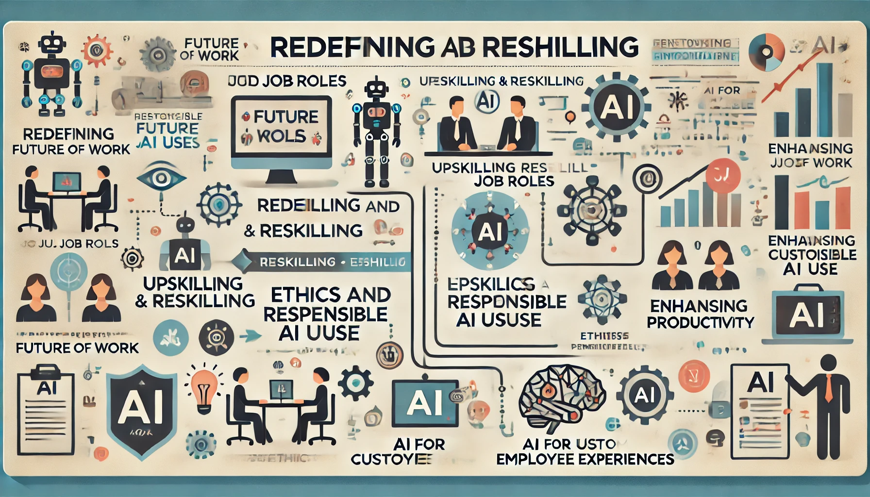 An infographic in landscape format illustrating the impact of generative AI on the future of work. Sections include 'Redefining Job Roles,'